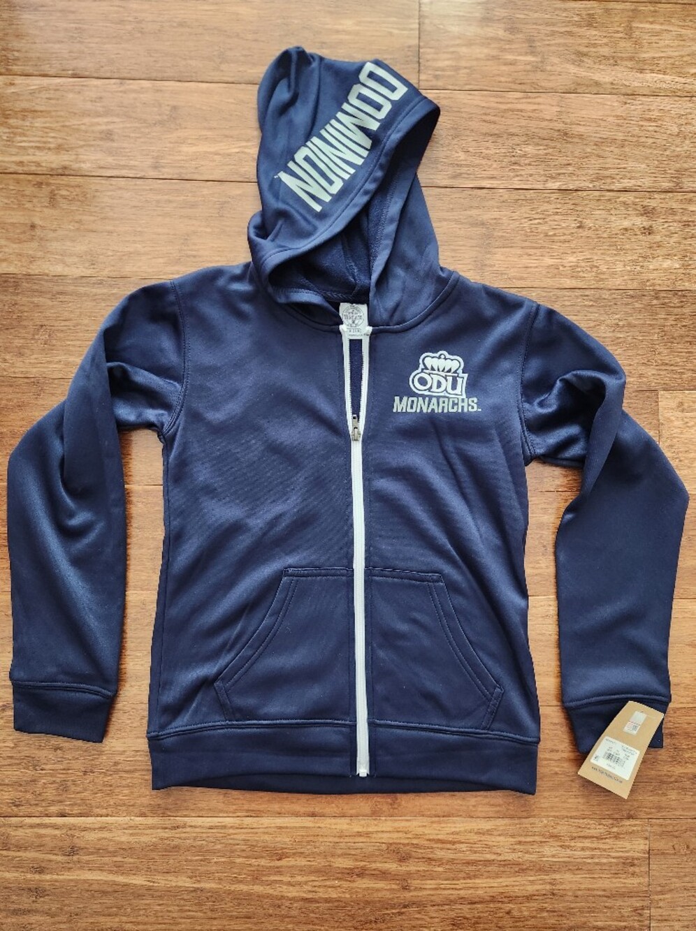 New ODU Boys Navy Zip Up Jacket Hooded Sweatshirt Monarchs, Size Medium